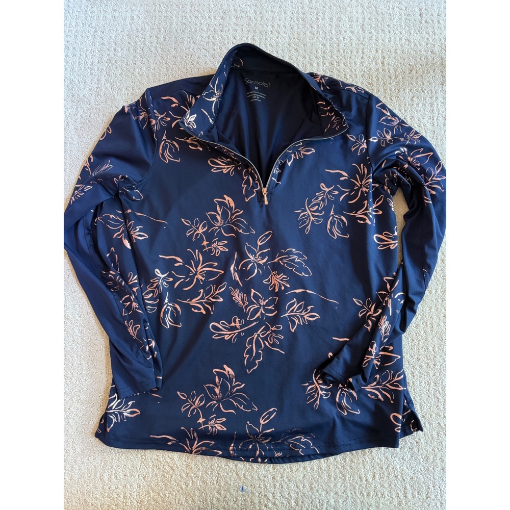 SanSoleil Quarter Zip Pullover Women M Navy Blue Rose Gold UPF 50 Floral Sporty